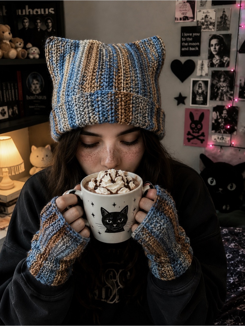 Handmade Crochet Fingerless Gloves Blue Tan Gray Cozy Wrist Warmers